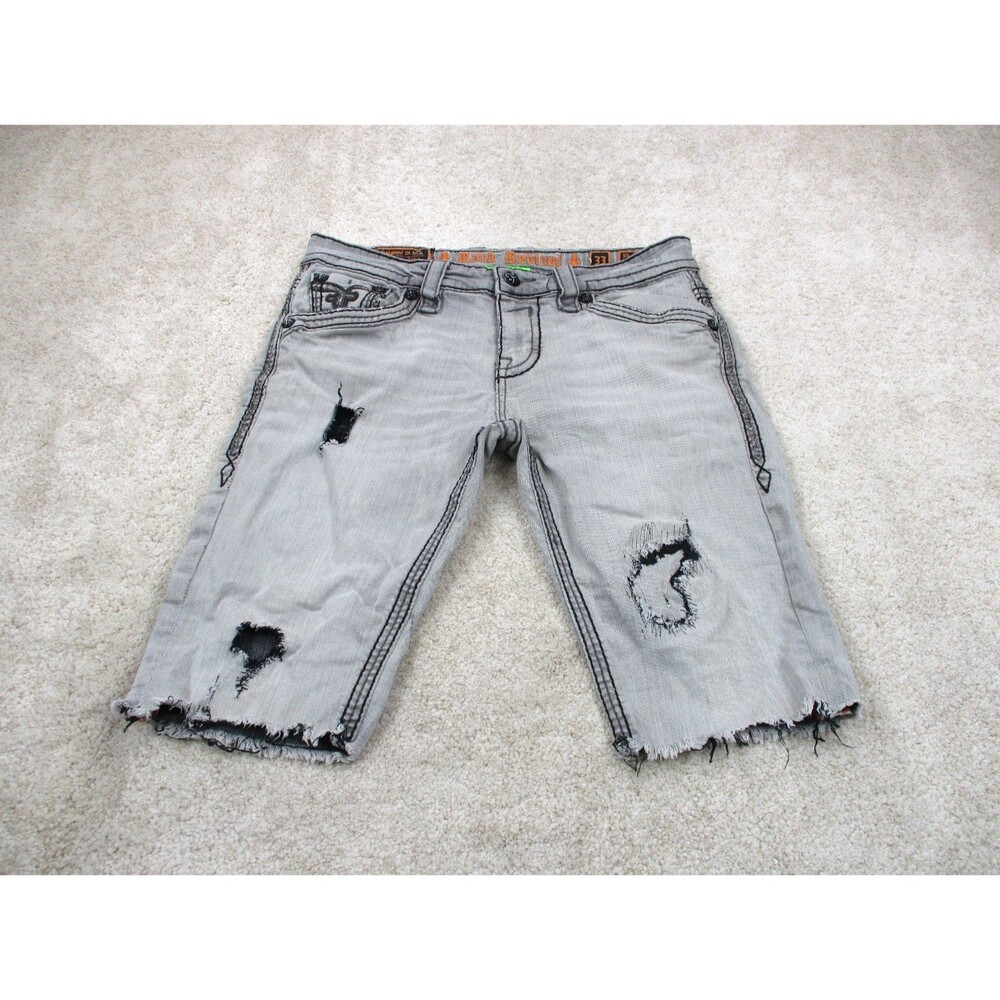 Rock Revival Shorts Mens 35 Gray Phoenix Straight Denim Distressed Raw Hem Jorts
